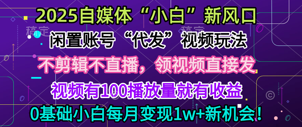 2025每月躺赚5w+新机会,闲置视频账号一键代发玩法,0粉不实名不剪辑,领了视频直接发,0基础小白也能日入300+69网创吧-网创项目资源站-副业项目-创业项目-搞钱项目69网创吧